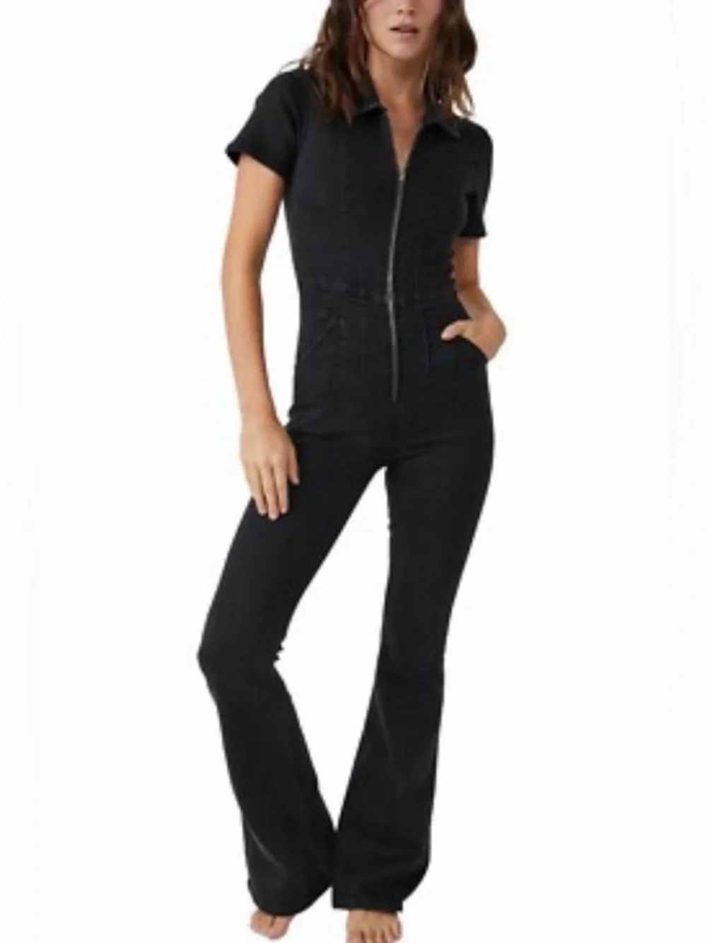 FREE PEOPLE Jayde Zip Front Flare Leg Jumpsuit